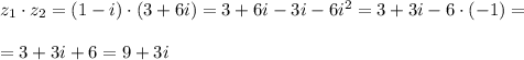 z_1\cdot z_2=(1-i)\cdot (3+6i)=3+6i-3i-6i^2=3+3i-6\cdot (-1)=\\\\=3+3i+6=9+3i