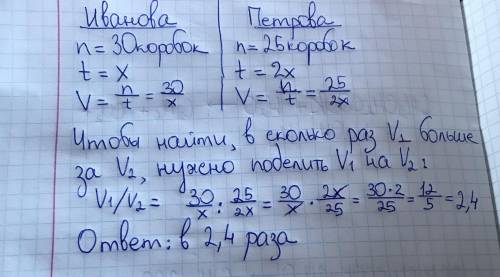 Укладчица конфет иванова укладывает 30 коробок за x часов, а укладчица петрова на укладку 25 коробок