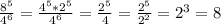 \frac{8^{5} }{4^{6}}=\frac{4^{5}*2^{5}}{4^{6}}=\frac{2^{5}}{4}=\frac{2^{5}}{2^{2}}=2^{3}=8