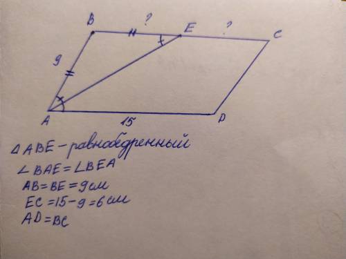 Впараллелограмме abcd проведена биссектриса угла а, которая пересекает сторону вс в точке е. чему ра