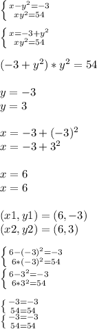 \left \{ {{x - y^{2}=-3 } \atop {xy^{2}=54 }} \right. \\\\\left \{ {{x = -3 + y^{2} } \atop {xy^{2} = 54 }} \right. \\\\(-3 + y^{2} ) * y^{2} = 54\\\\y = -3\\y = 3\\\\x = -3+(-3)^{2} \\x = -3 + 3^{2} \\\\x = 6\\x = 6\\\\(x1 , y1) = (6 , - 3)\\(x2 , y2) = (6 , 3)\\\\\left \{ {{6 - ( -3)^{2}= -3 } \atop {6 * (-3)^{2}= 54 }} \right. \\\left \{ {{6 -3^{2}=-3 } \atop {6 * 3^{2}=54 }} \right. \\\\\left \{ {{-3 = -3} \atop {54 = 54}} \right. \\\left \{ {{-3 = -3} \atop {54 = 54}} \right. \\