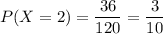 P(X=2)=\dfrac{36}{120}=\dfrac{3}{10}