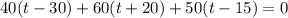 \displaystyle 40(t-30)+60(t+20)+50 (t-15)=0