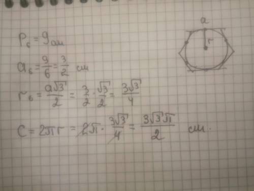 Решить : найдите длину окружности, вписанной в правильный 6-угольник, если периметр этого 6-угольни