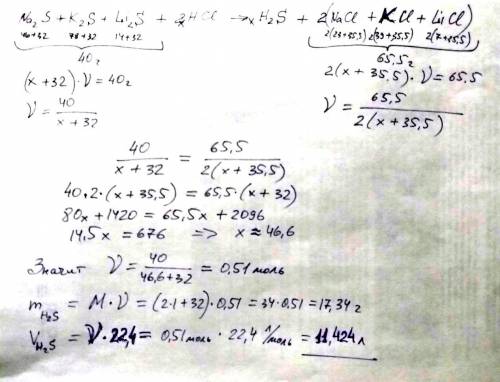 Товарищи, , 30 на смесь сульфидов натрия, калия и лития массой 40 г подействовали соляной кислотой