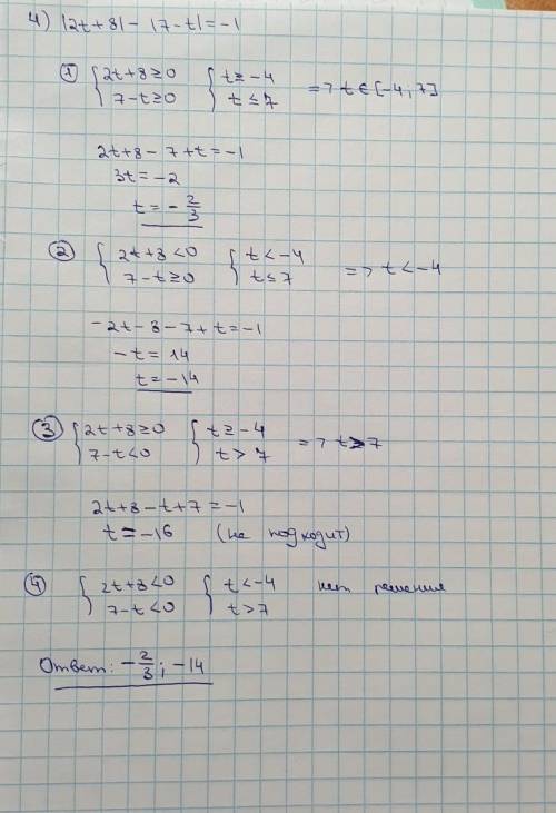 Решите уравнение 1)|5x-4| - |6x-9|=1; 2)|1-4y|-|3y+9|=5; 3)|5-12z|+|5z+18|=-7; 4)|2t+8|-|7-t|=-1