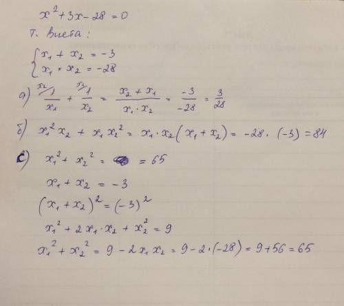 x1 и x2 - корни уравнения x²+3x-28=0не решая уравнения найти a) 1 + 1x1 x2b)x1²x2 + x1x2²c) x1²+ x2²