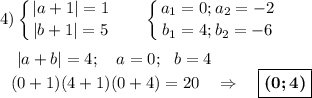 \displaystyle 4) \left \{ {{ |a+1|=1} \atop {|b+1|=5}} \right.~~~~~\left \{ {{ a_1=0;a_2=-2} \atop {b_1=4;b_2=-6}} \right.\\\\~~~~|a+b|=4;~~~a=0;~~b=4\\~~~(0+1)(4+1)(0+4)=20~~~\Rightarrow~~~\boxed{\boldsymbol{(0;4)}}