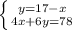 \left \{ {{y=17-x} \atop {4x+6y=78}} \right.