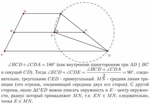 Доведіть що точка перетину бісектрис кутів прилеглих до бічної сторони трапеції належить прямій яка