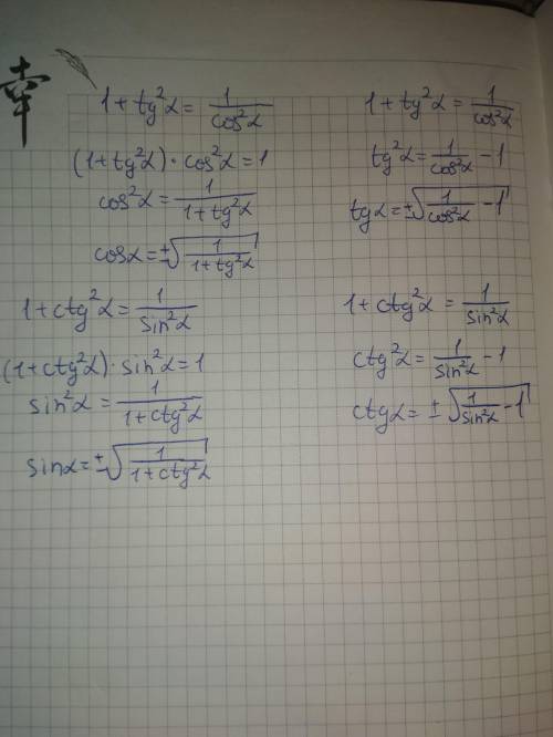 Плачу 30 из формул : 1- 1+tg^2a=1/cos^2a , cosa=? ,tga=? 2- 1+ctg^2a=1/sin^2a, sina=? , ctga=?