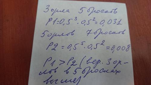 Какое из событий более вероятно: «выпадение ровно 3 орлов при 5 бросках монеты» или «выпадение ровно