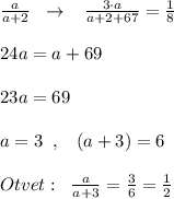 \frac{a}{a+2}\; \; \to \; \; \; \frac{3\cdot a}{a+2+67}=\frac{1}{8}\\\\24a=a+69\\\\23a=69\\\\a=3\; \; ,\; \; \; (a+3)=6\\\\Otvet:\; \; \frac{a}{a+3}=\frac{3}{6}=\frac{1}{2}