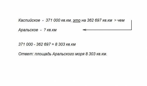 Площадь каспийского моря - 371 000км2,что на 362 697км2 больше площади аральского моря.какова площад