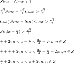 Sinx-Cosx1\\\\\frac{\sqrt{2} }{2}Sinx-\frac{\sqrt{2}}{2}Cosx\frac{\sqrt{2}}{2}\\\\Cos\frac{\pi }{4}Sinx-Sin\frac{\pi }{4}Cosx\frac{\sqrt{2}}{2}\\\\Sin(x-\frac{\pi }{4})\frac{\sqrt{2}}{2}\\\\\frac{\pi }{4}+2\pi n