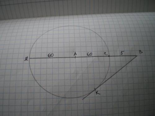 На отрезке ab выбрана точка c так, что ac=60 и bc=5 . построена окружность с центром , проходящая че