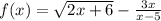 f(x) = \sqrt{2x + 6} - \frac{3x}{x - 5}