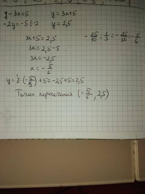 Вкакой точке пересекаются прямые y-3x=5 и -2y=-5