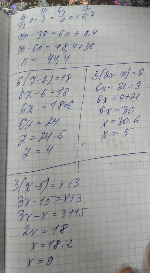 [tex] \frac{5}{6}m + 2 = \frac{1}{3}m - 0.8 \\ \frac{7}{12} n - 3 = \frac{1}{2} n + 0.7 \\ 6 (z - 1)