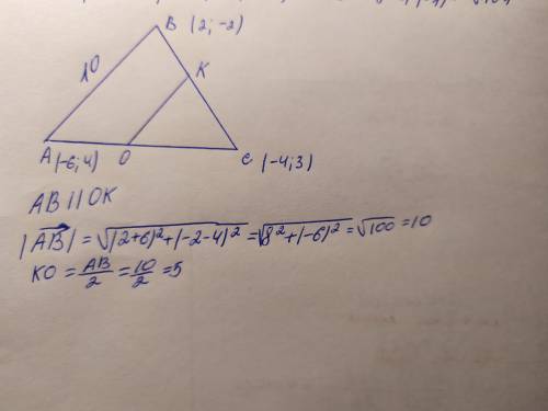 Даны вершины треугольника авс: a(-6; 4), b(2; -2) и с(-4; 3). вычислить длину средней линии треуголь