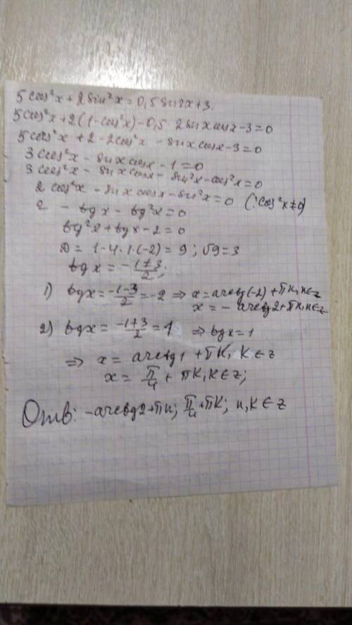 Решите уравнение 5cos^2x+2sin^2x=0,5sin2x+3