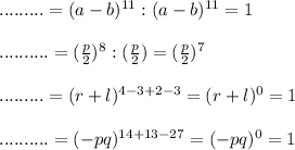 .........=(a-b)^{11}:(a-b)^{11}=1\\ \\..........= (\frac{p}{2})^{8}:(\frac{p}{2})=(\frac{p}{2})^{7}\\ \\ .........=(r+l)^{4-3+2-3}=(r+l)^{0 }=1\\ \\ ..........=(-pq)^{14+13-27}=(-pq)^{0}=1