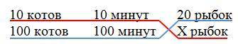 10 котов за 10 минут 20 рыбок. сколько рыбок съедят 100 котов за 100 минут?