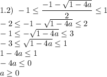 1.2) \ -1 \leq \dfrac{-1 - \sqrt{1 - 4a} }{2} \leq 1\\-2 \leq -1 - \sqrt{1 - 4a} \leq 2\\-1 \leq -\sqrt{1 - 4a} \leq 3\\ -3 \leq \sqrt{1 - 4a} \leq 1 \\ 1 - 4a \leq 1\\ - 4a \leq 0\\ a \geq 0