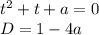 t^{2} + t + a = 0\\D = 1 - 4a