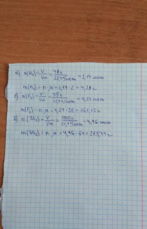 Вычислите, какую массу имеют газы указанных объемов : а) 48 л водорода, б) 95 л фтора, в) 100 л суль