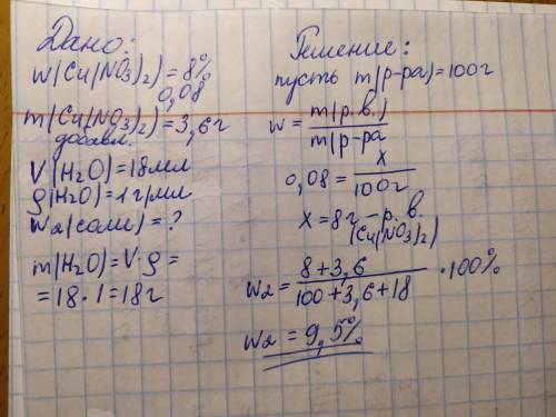 Краствору нитрата меди (ll) массовой долей 8% добавили 3,6 г этой же соли и 18 мл воды. рассчитайте