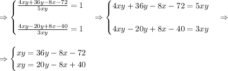 \Rightarrow\begin{cases}\frac{4xy+36y-8x-72}{5xy}{}=1\\\\\frac{4xy-20y+8x-40}{3xy}=1\end{cases}\Rightarrow\begin{cases}4xy+36y-8x-72=5xy\\\\4xy-20y+8x-40=3xy\end{cases}\Rightarrow\\\\\\\Rightarrow\begin{cases}xy=36y-8x-72\\xy=20y-8x+40\end{cases}