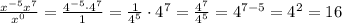 \frac{x^{-5}x^7}{x^0} =\frac{4^{-5}\cdot4^7}{1 } =\frac{1}{4^5}\cdot 4^7}=\frac{4^7}{4^5}=4^{7-5}=4^2=16