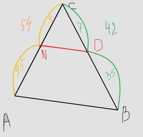 Втреугольнике abc ac=54 bc=42 на стороне bc отложили отрезок bd=35 см ,а на стороне ac отрезок cn=9с