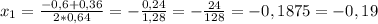 x_1=\frac{-0,6+0,36}{2*0,64} = -\frac{0,24}{1,28} =- \frac{24}{128}= -0,1875=-0,19