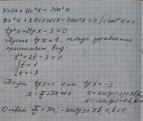 Решите по по быстрее sin2x+sin^2 x=3cos^2x