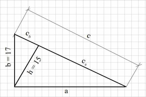 Дано: b=17, h=15. найти второй катет, гипотенузу и две проекции