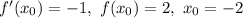 f'(x_{0}) = -1, \ f(x_{0}) = 2, \ x_{0} = -2