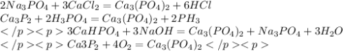 2Na_{3}PO_{4} + 3CaCl_{2} = Ca_{3}(PO_{4})_{2} + 6HCl \\ Ca_{3}P_{2} + 2H_{3}PO_{4} = Ca_{3}(PO_{4})_{2} + 2PH_{3} \\ 3CaHPO_{4} + 3NaOH = Ca_{3}(PO_{4})_{2} + Na_{3}PO_{4} + 3H_{2}O \\ Ca3P_{2} + 4O_{2} = Ca_{3}(PO_{4})_{2}