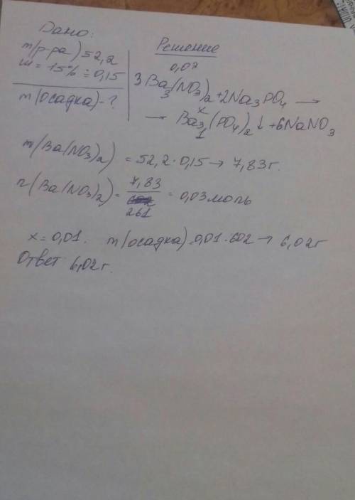 К52,2 г раствора нитрата бария с массовой долей 15% добавили избыток фосфата натрия. вычислите массу