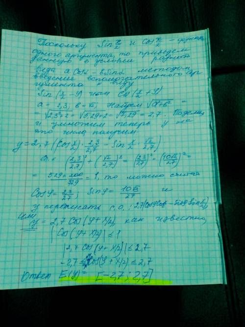 Найдите область значений функции ! с объяснениями ! [tex]y=2,3cos\frac{x}{2}-\sqrt{2} sin\frac{x}{2