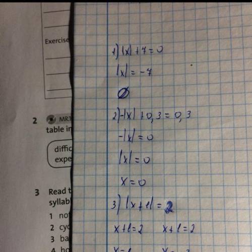 решить:|x|+7=0;-|x|+0.3=0.3;|x+1|=2