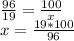 \frac{96}{19} =\frac{100}{x} \\x=\frac{19*100}{96}\\