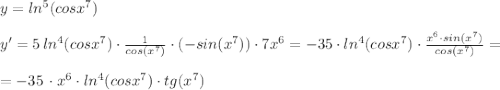 y=ln^5(cosx^7)\\\\y'=5\, ln^4(cosx^7)\cdot \frac{1}{cos(x^7)}\cdot (-sin(x^7))\cdot 7x^6=-35\cdot ln^4(cosx^7)\cdot \frac{x^6\cdot sin(x^7)}{cos(x^7)}=\\\\=-35\, \cdot x^6\cdot ln^4(cosx^7)\cdot tg(x^7)