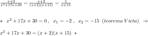 \frac{x+2}{x^2+17x+30}=\frac{x+2}{(x+2)(x+15)}=\frac{1}{x+15}\\\\\\\star \; \; x^2+17x+30=0\; ,\; \; x_1=-2\; ,\; \; x_2=-15\; \; (teorema\; Vieta)\; \; \Rightarrow \\\\x^2+17x+30=(x+2)(x+15)\; \; \star