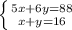 \left \{ {{5x+6y=88} \atop {x+y=16}} \right.