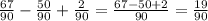 \frac{67}{90} - \frac{50}{90} + \frac{2}{90} = \frac{67 - 50 + 2}{90} = \frac{19}{90}