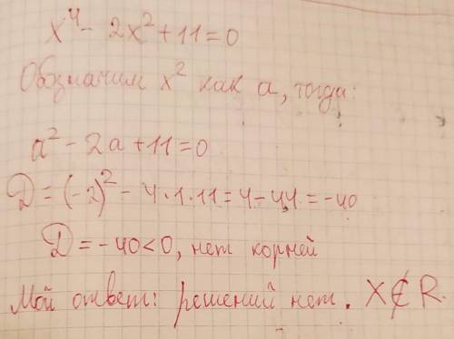 Решите уравнение x4−2x^2+11=0