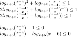 log_{x+6}( \frac{x-4}{x} )^{2} + log_{x+6}( \frac{x}{x-4} )\leq 1\\2log_{x+6}( \frac{x-4}{x} ) + log_{x+6}( \frac{x-4}{x})^{-1} )\leq 1\\2log_{x+6}( \frac{x-4}{x} ) - log_{x+6}( \frac{x-4}{x}) )\leq 1\\\\log_{x+6}( \frac{x-4}{x} ) - 1\leq 0\\log_{x+6}( \frac{x-4}{x} ) - log_{x+6}( {x+6)} \leq 0