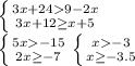 \left \{ {{3x+249-2x} \atop {3x+12\geq x+5 }} \right.\\\left \{ {{5x-15} \atop {2x\geq -7 }} \right. \left \{ {{x-3} \atop {x\geq -3.5}} \right. \\